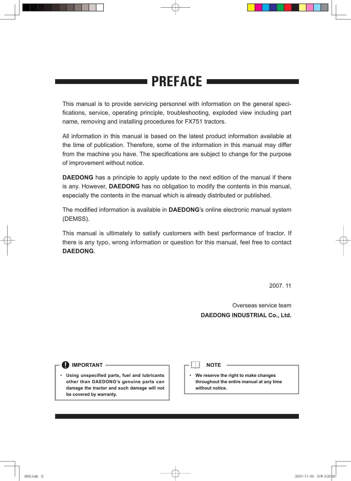Daedong FX751 Tractor Service Manual | 2007-2011 - sample page 6