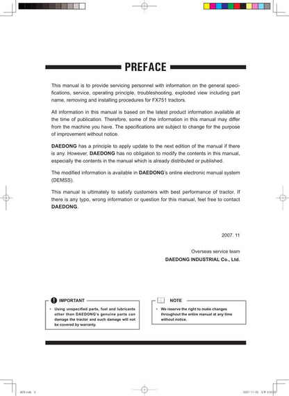 Daedong FX751 Tractor Service Manual | 2007-2011 - sample page 6