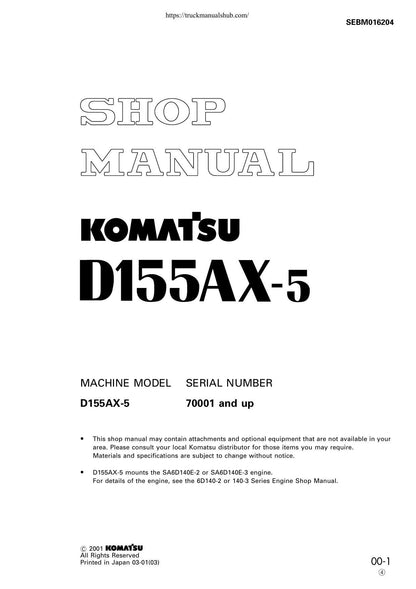 Komatsu D155AX-5 Bulldozer Service Manual | 2001-2005 - sample page 1