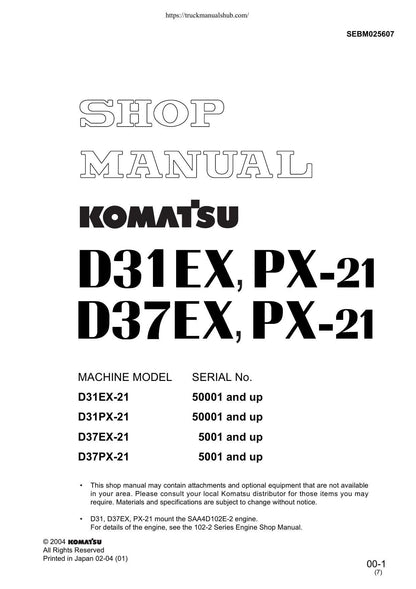 Komatsu D31EX D31PX D37EX D37PX-21 Dozer Service Manual | 2004-2008 - sample page 1