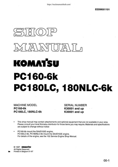 Komatsu PC160 PC180LC PC180NLC-6K Excavator Service Manual | 1997-2001 - sample page 1