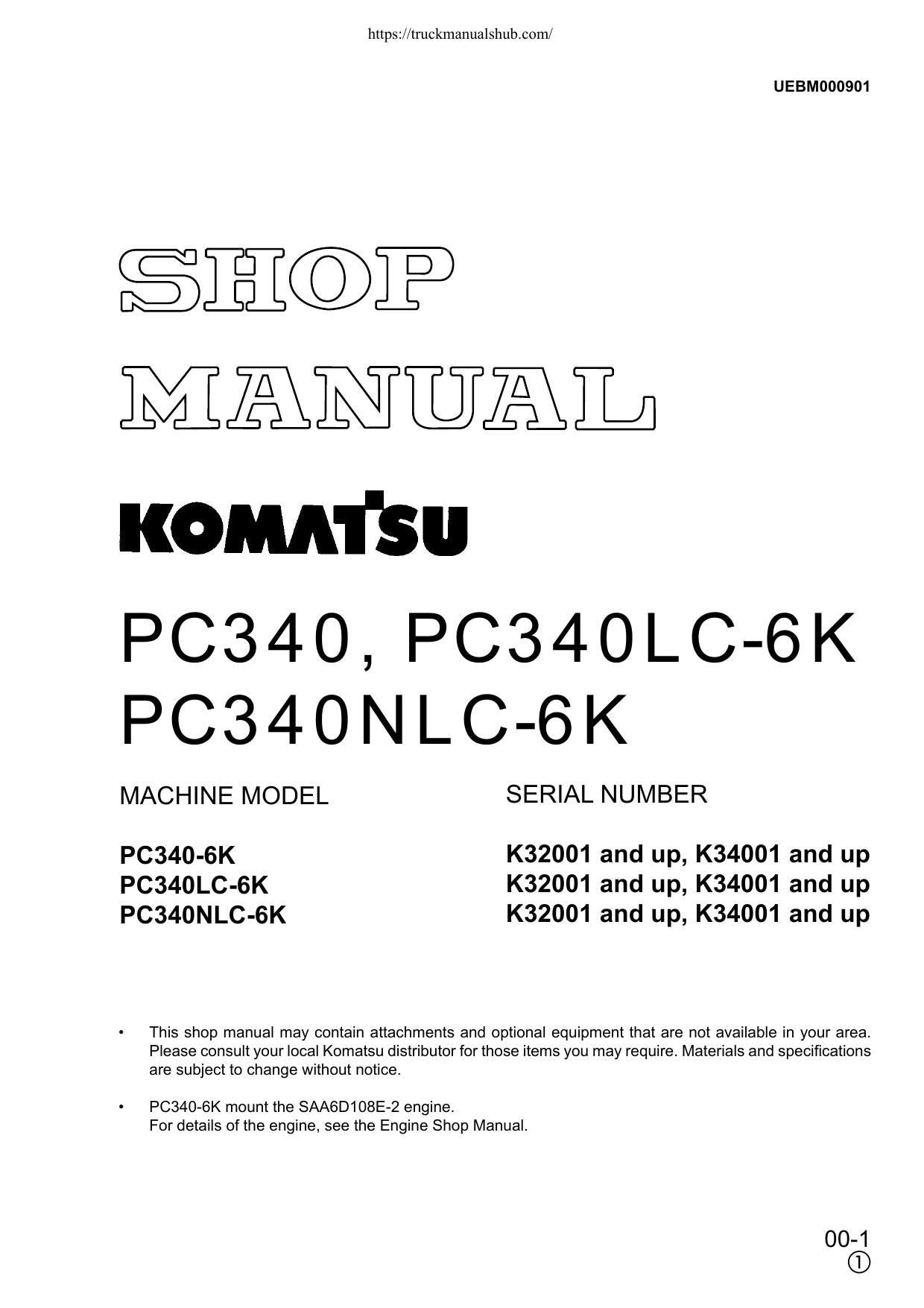 Komatsu PC340 PC340LC PC340NLC-6K Excavator Service Manual - sample page 1