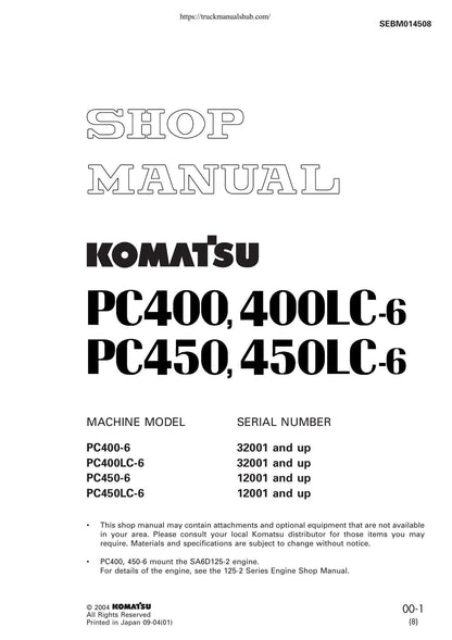 Komatsu PC400 PC450-6 Excavator Service Manual | 2004-2008 - sample page 1
