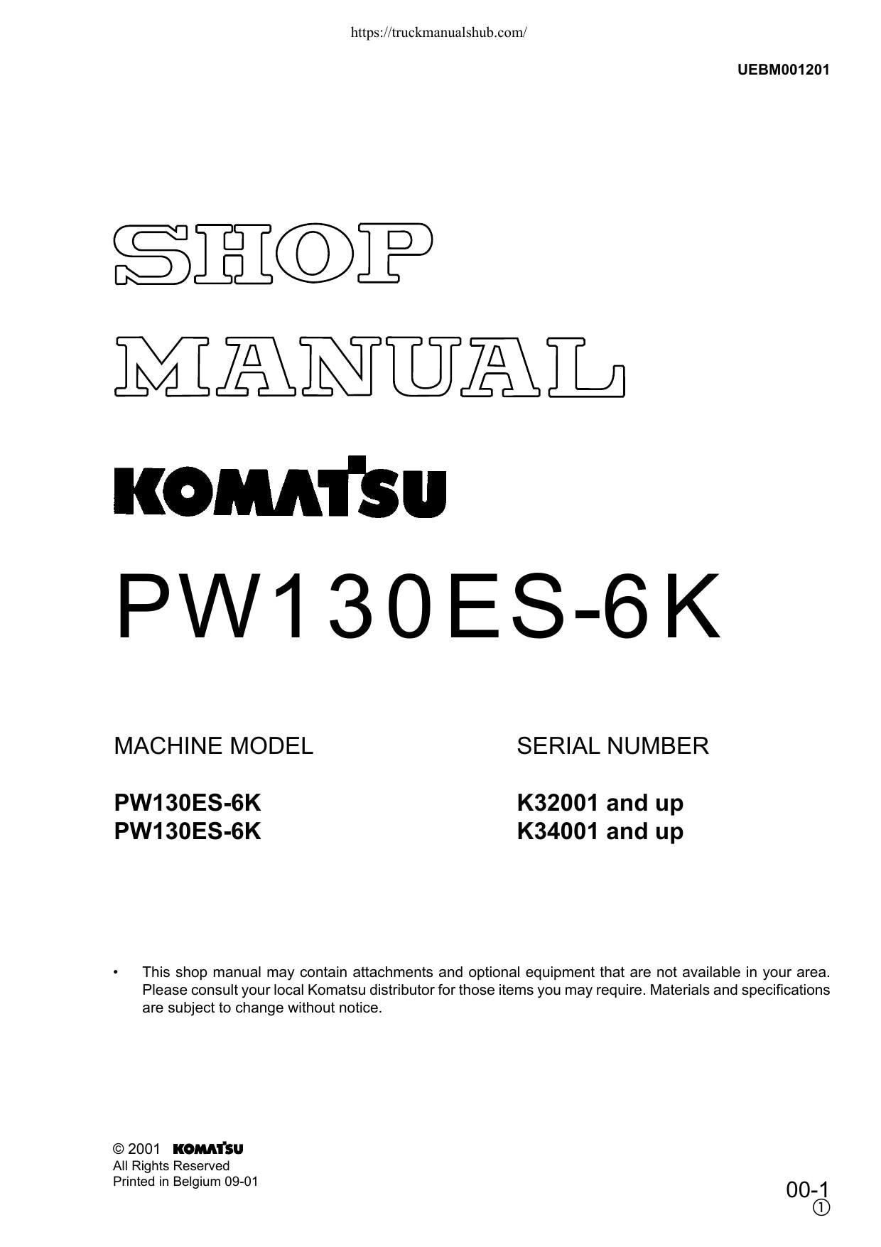 Komatsu PW130ES-6K Wheeled Excavator Service Manual | 2001-2005 - sample page 1