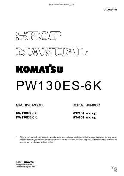 Komatsu PW130ES-6K Wheeled Excavator Service Manual | 2001-2005 - sample page 1