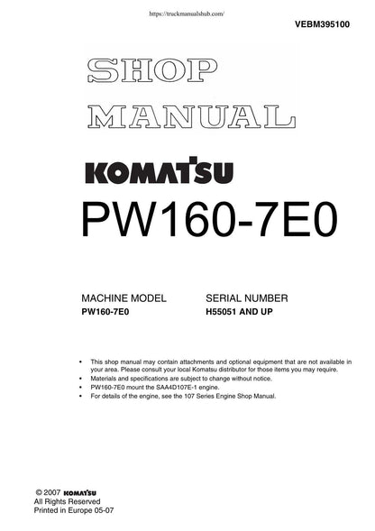 Komatsu PW160-7E0 Wheeled Excavator Service Manual | 2007-2011 - sample page 1