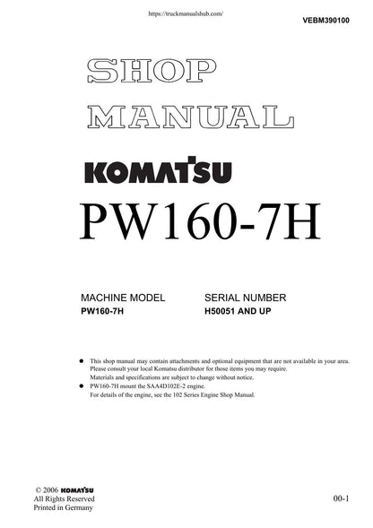 Komatsu PW160-7H Wheeled Excavator Service Manual | 2006-2010 - sample page 1