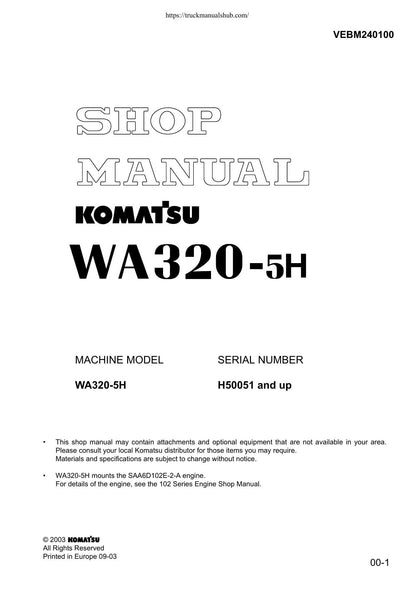 Komatsu WA320-5H Wheel Loader Service Manual | 2003-2007 - sample page 1