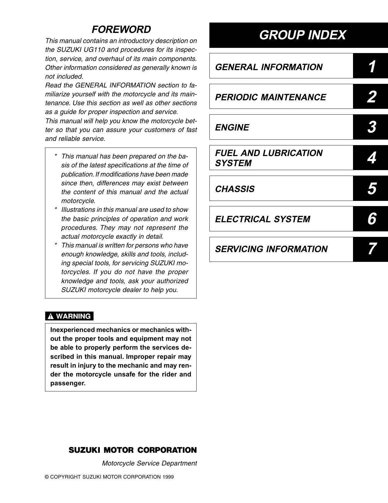 Suzuki UG110 Motorcycle Service Manual | 2000-2004 - sample page 1
