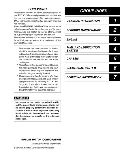 Suzuki UG110 Motorcycle Service Manual | 2000-2004 - sample page 1