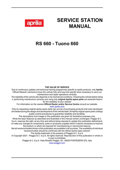 Aprilia RS 660 Tuono 660 Motorcycle Service Manual | 2021-2025 - sample page 6