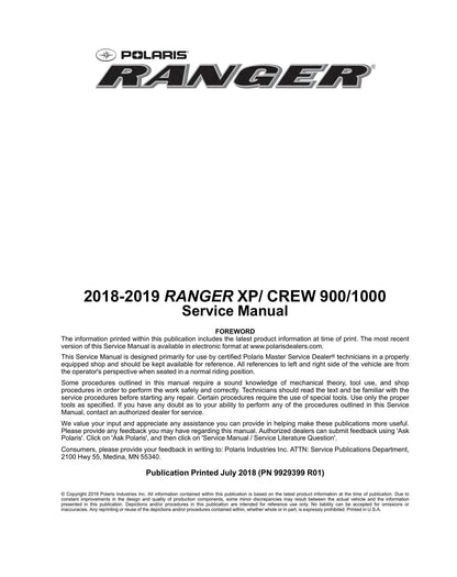 Polaris Ranger XP 900 1000 UTV Service Manual | 2018-2019 - sample page 1