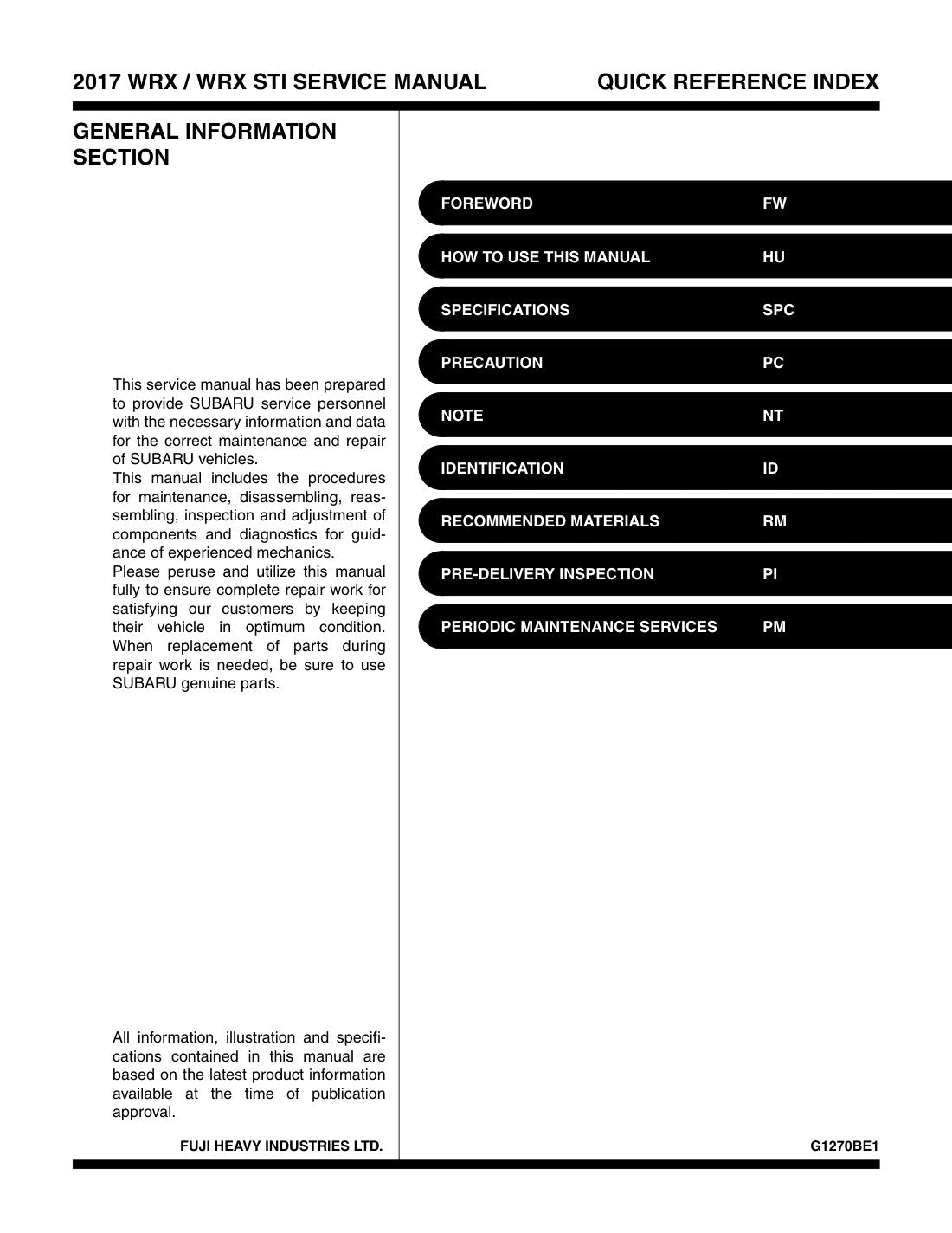 Subaru WRX STI 2017 service manual - page 1