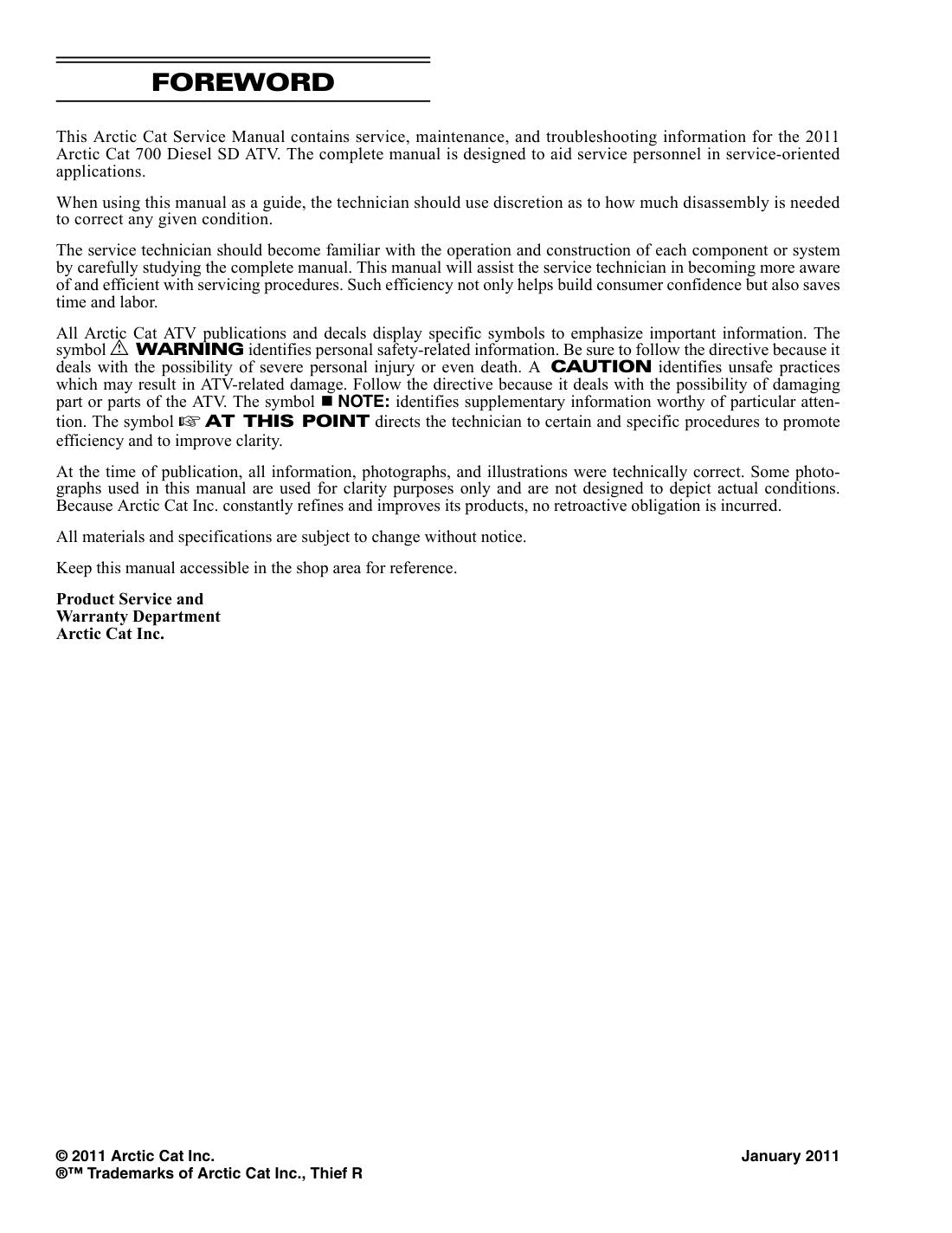 Arctic Cat 700 Diesel SD ATV Service Manual 2011 - page 1