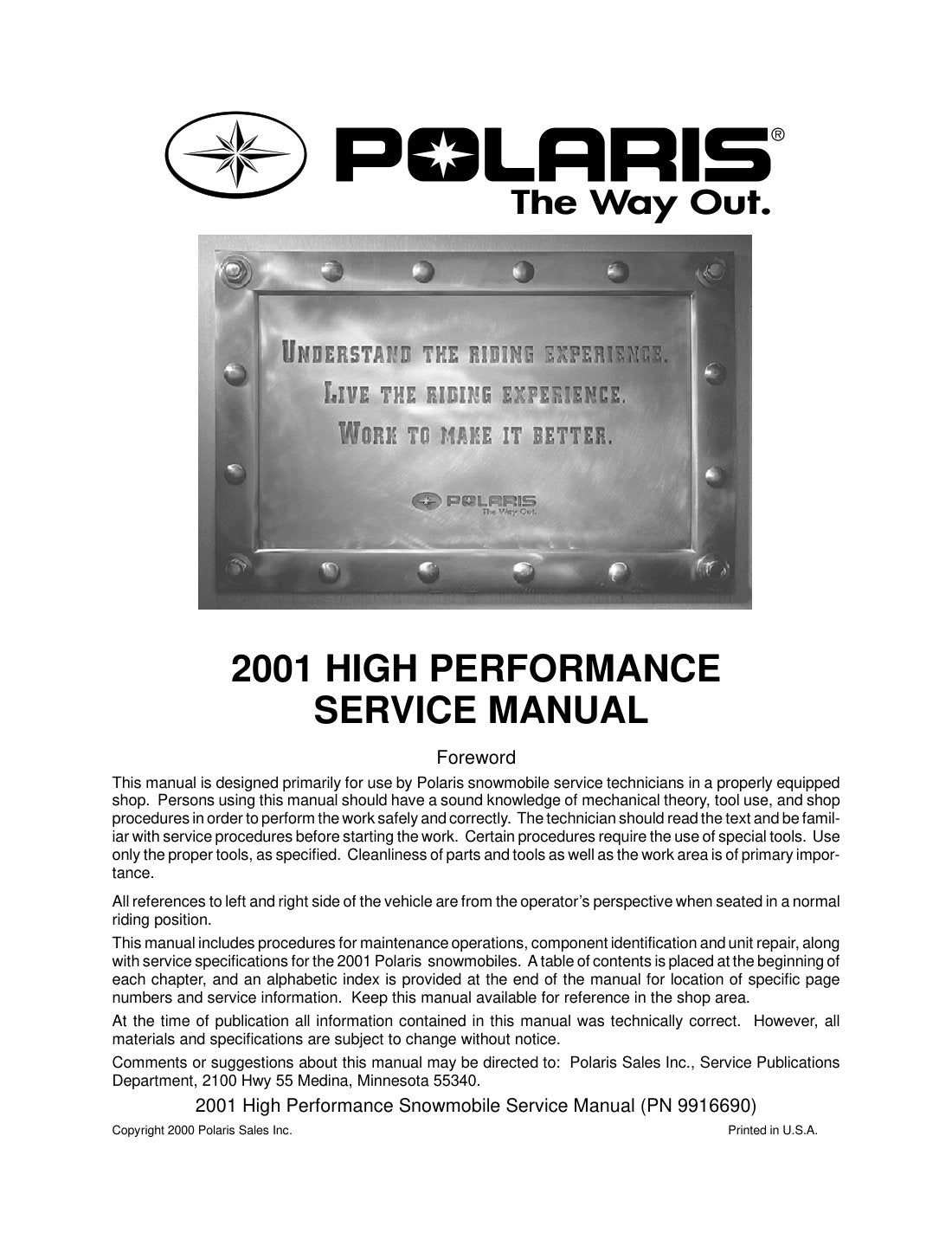 Polaris High Performance 2001 service manual - page 1