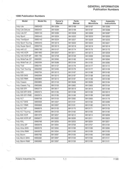 Polaris Snowmobile 1996-1998 service manual - page 1
