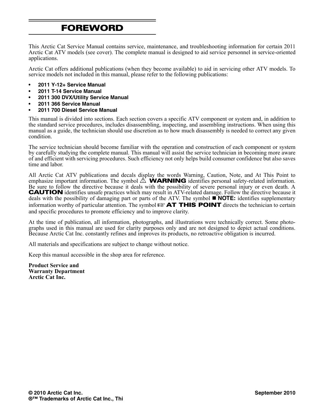 Arctic Cat 450 550 650 700 1000 ATV Service Manual 2011 - page 1