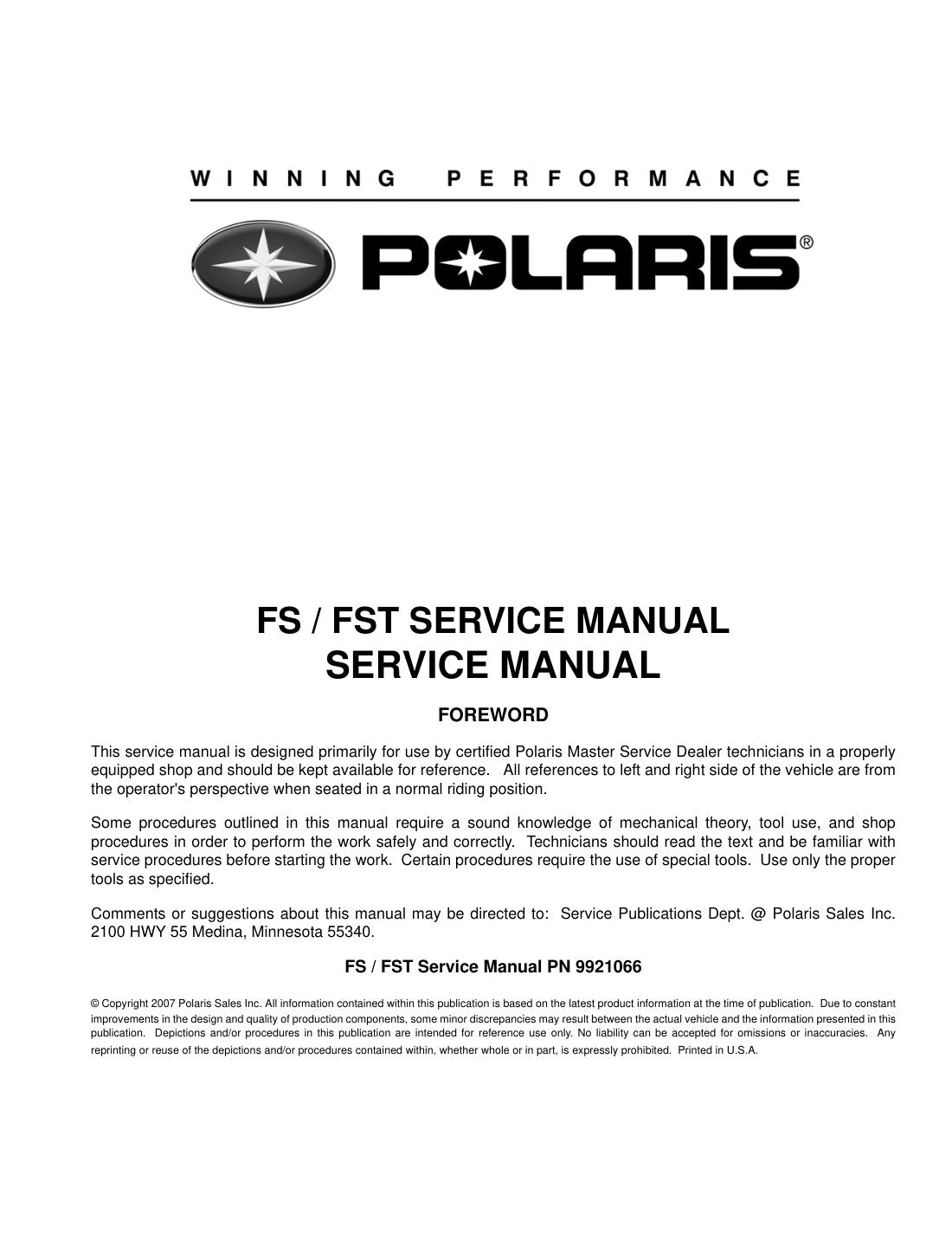 Polaris FS FST 2006-2008 service manual - page 1