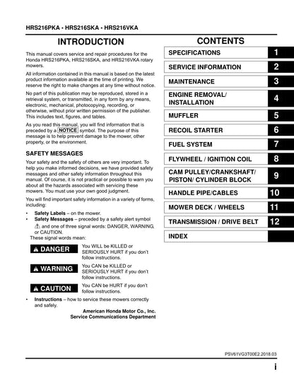 Honda HRS216 PKA service manual - page 2