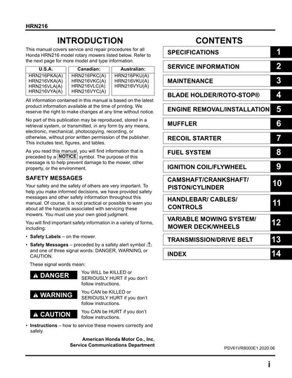 Honda HRN216 VKA service manual - page 2