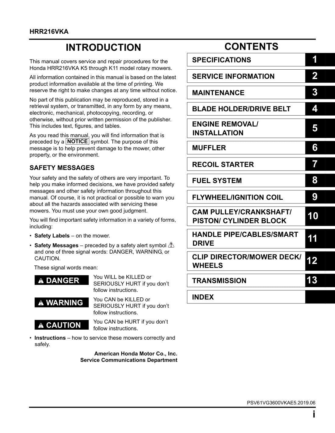 Honda HRR216 VKA service manual - page 2