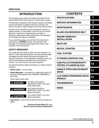 Honda HRR216 VKA service manual - page 2