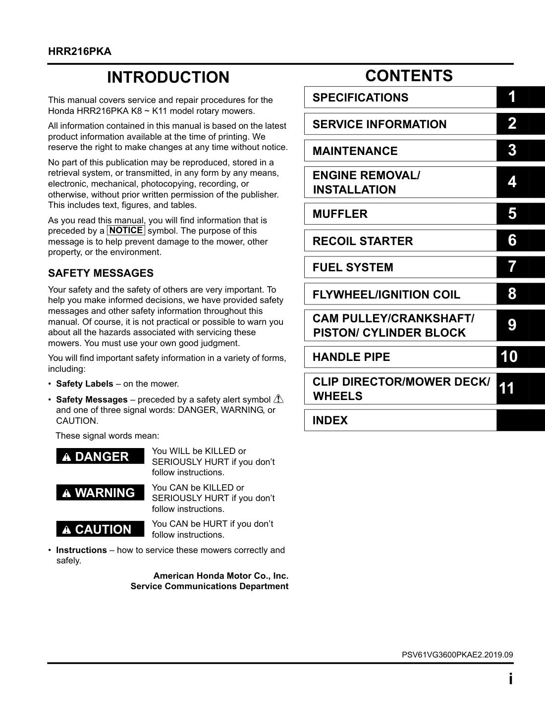 Honda HRR216 PKA service manual - page 2