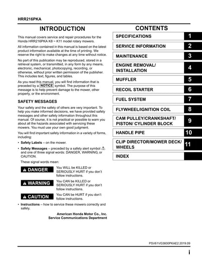 Honda HRR216 PKA service manual - page 2