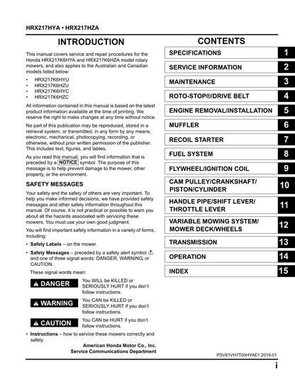 Honda HRX217 K6 service manual - page 2