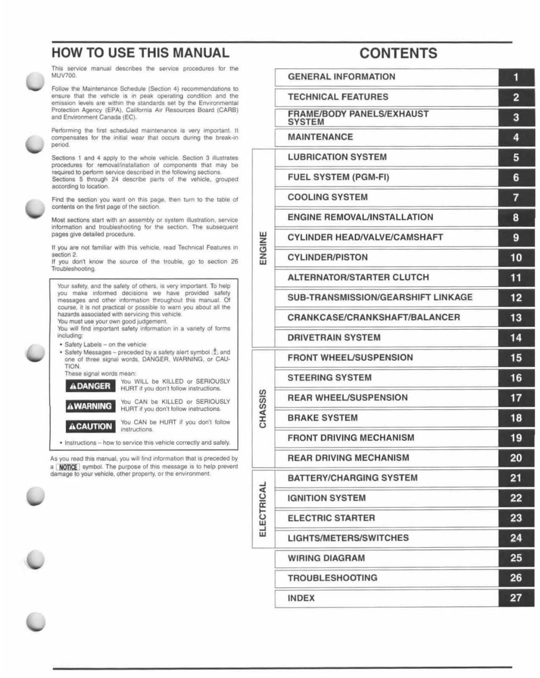 Honda Big Red MUV700 2009-2012 service manual - page 3