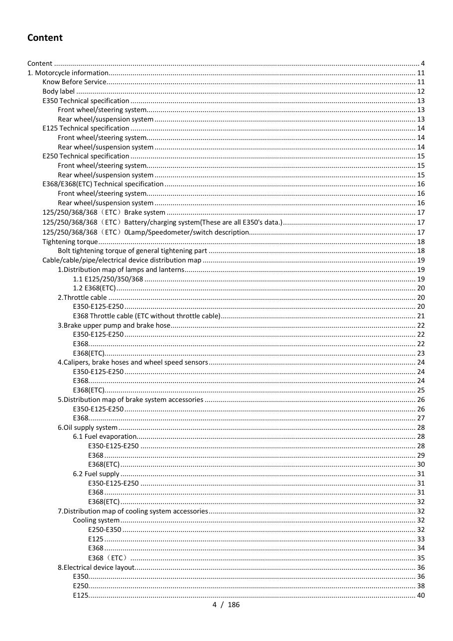 Zontes E-series service manual table of contents