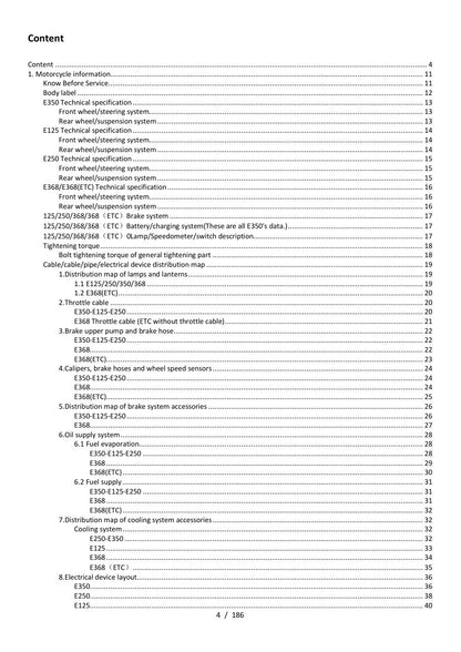 Zontes E-series service manual table of contents