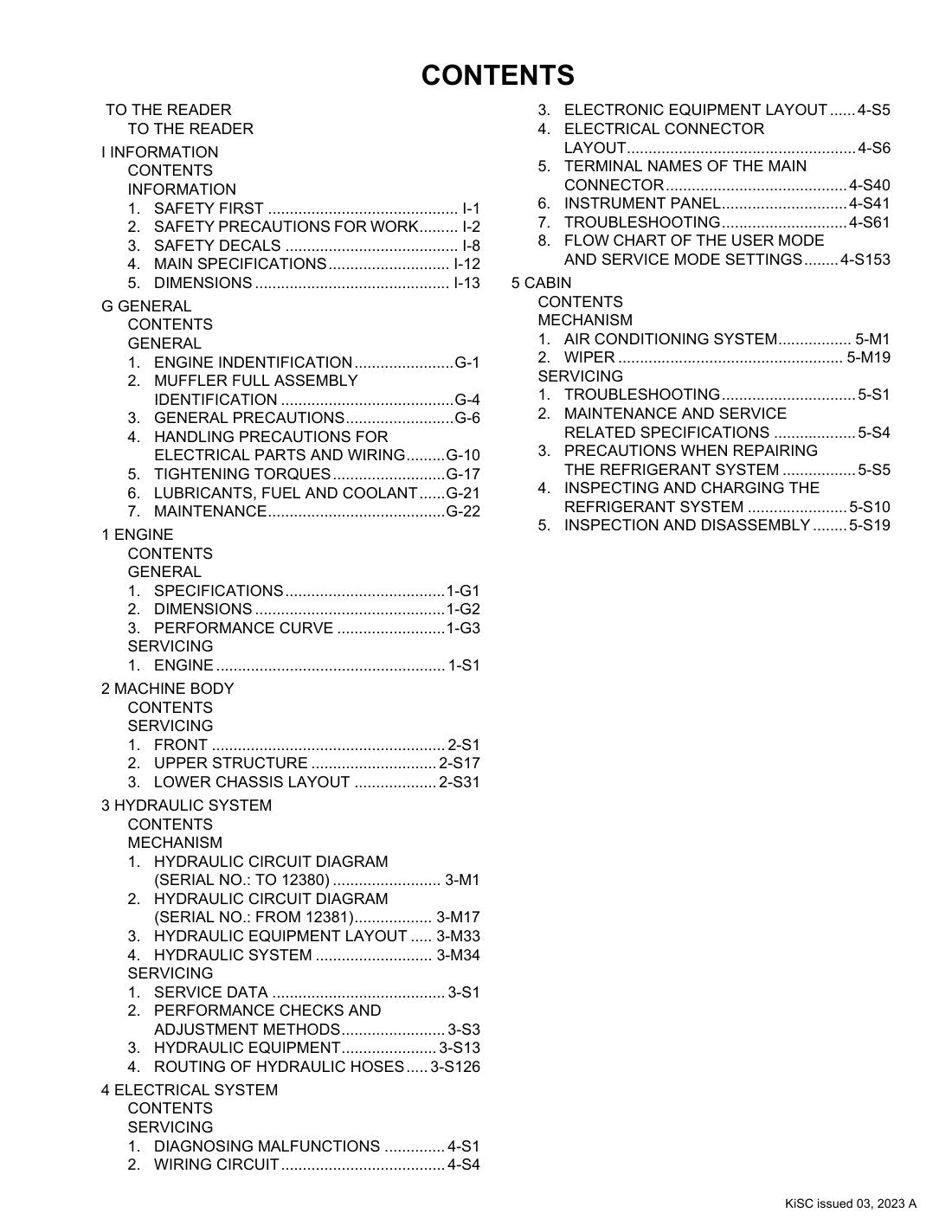 Kubota SSV75 workshop manual contents