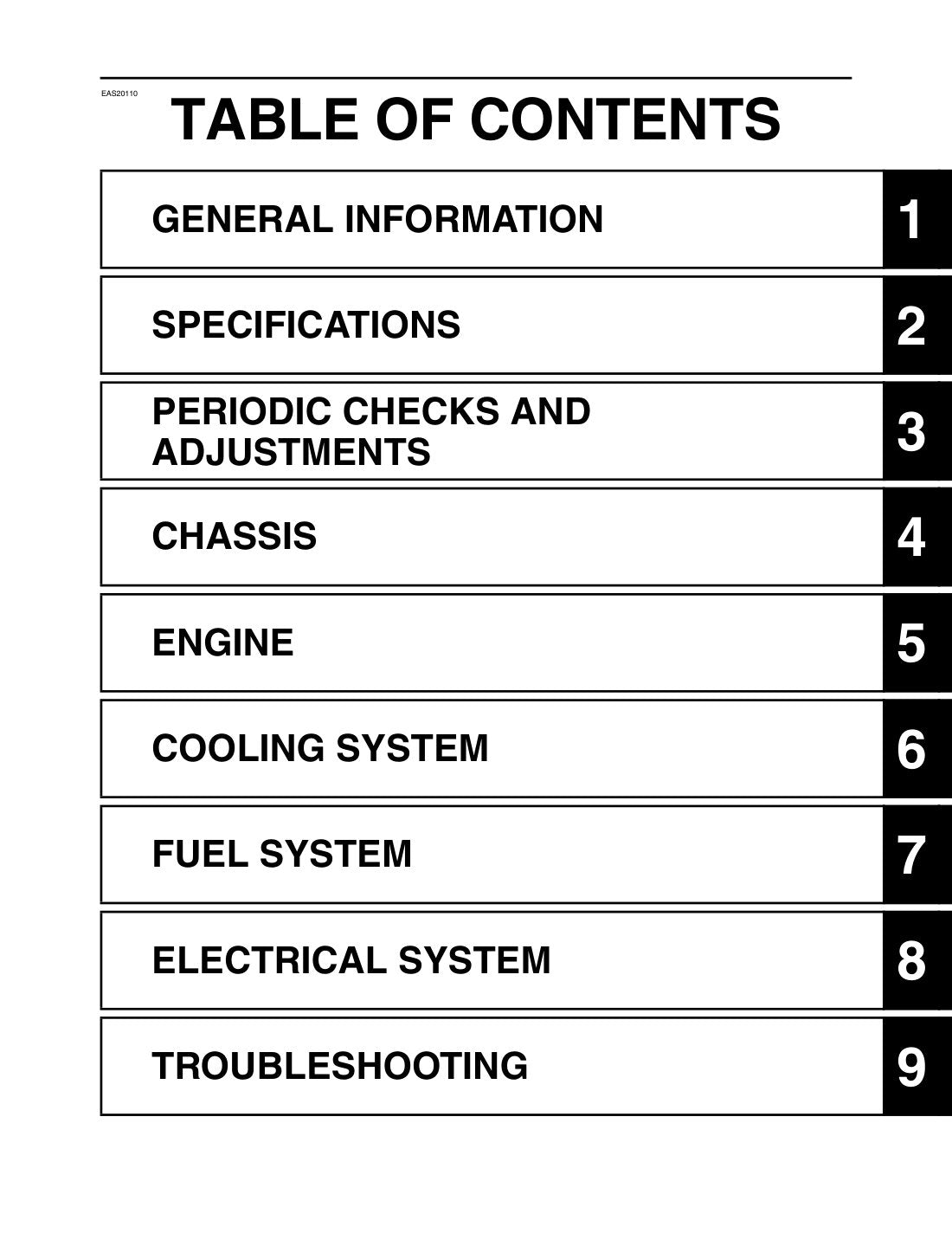 Super Tenere service manual table of contents