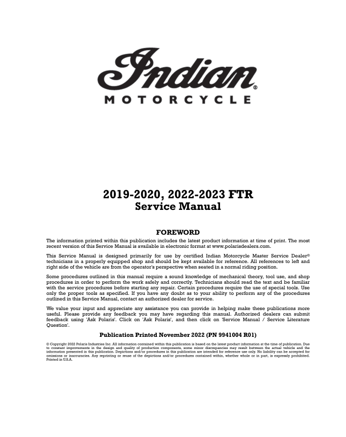 Indian FTR1200 Motorrad Werkstatthandbuch | 2019-2024
