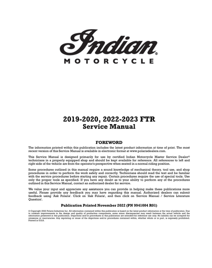 Manual de servicio de motocicleta Indian FTR1200 | 2019-2024