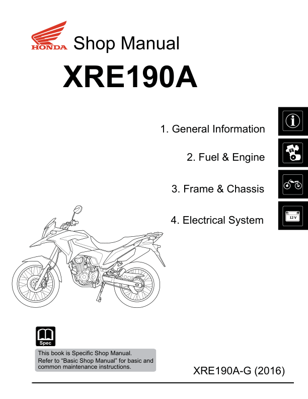 Manual de servicio de motocicleta Honda XRE190 Baby ADV XREzinha | 2016–2019