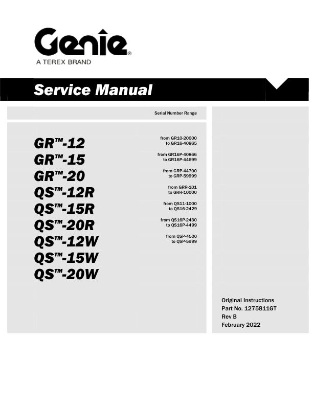 Genie GR12 GR15 GR20 Lift Service Manual PDF