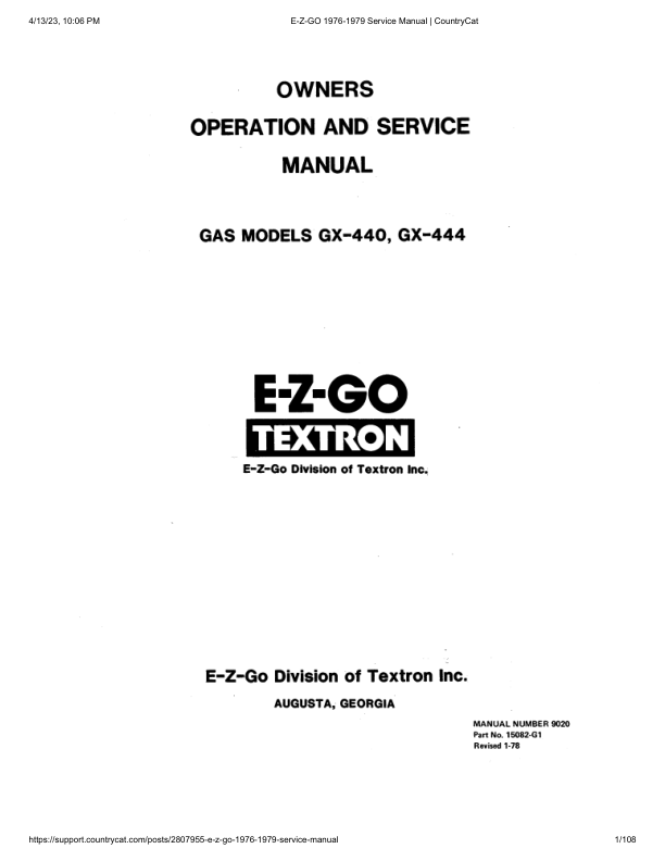 EZGO GX-444 Gas Golf Car Service Manual PDF | 1976-1979