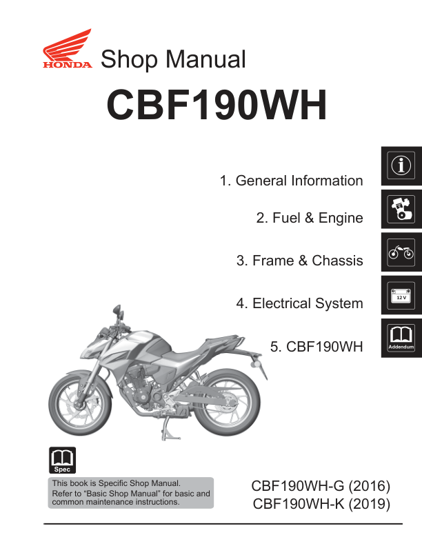 Manual de servicio de motocicleta Honda CB190R CBF 190 WH | 2016–2019