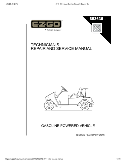 Manuel d’entretien PDF de la voiturette de golf EZGO TXT Valor | 2010-2015
