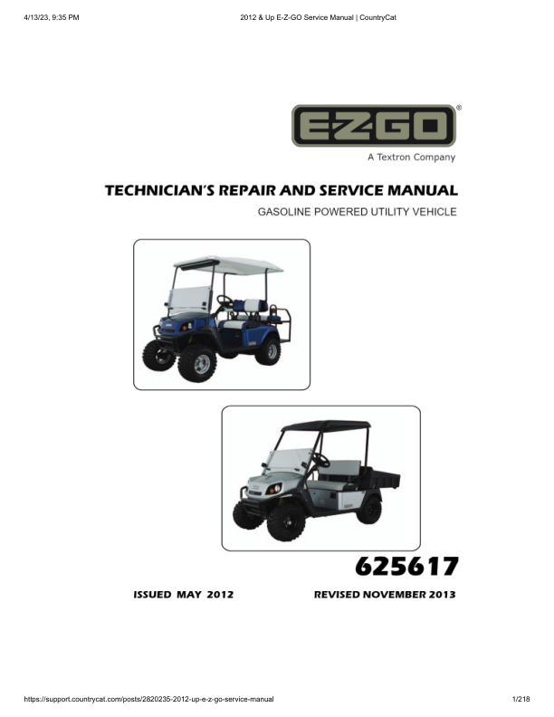 EZGO Terrain 1000 Golf Car Service Manual PDF | 2012-2015