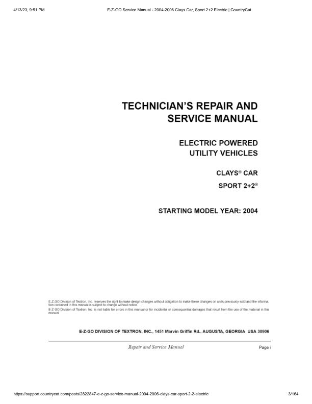 Manual de servicio de carrito de golf eléctrico EZGO Sport 2+2 | 2004-2006