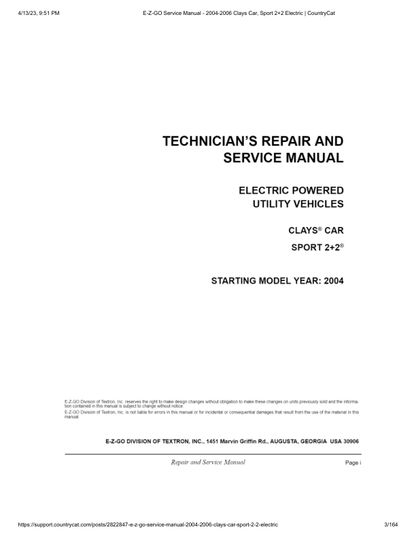 Manual de servicio de carrito de golf eléctrico EZGO Sport 2+2 | 2004-2006
