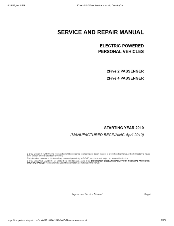 EZGO 2Five Golf Car Service Manual PDF | 2010-2015