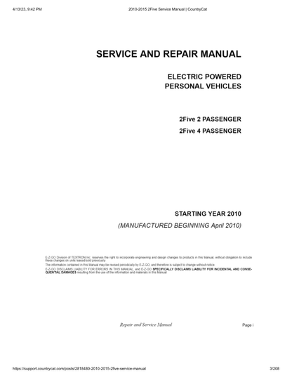 EZGO 2Five Golf Car Service Manual PDF | 2010-2015