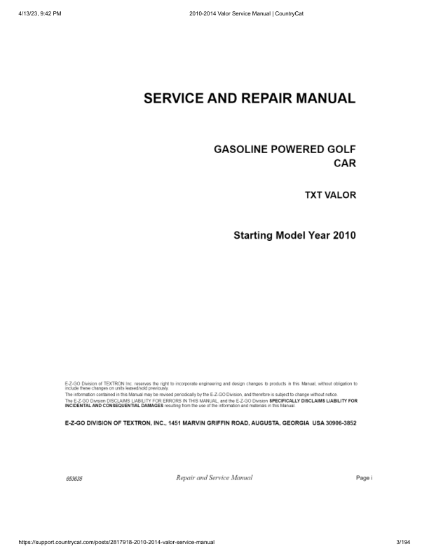 Manuel d’entretien PDF de la voiturette de golf EZGO TXT Valor | 2010-2015