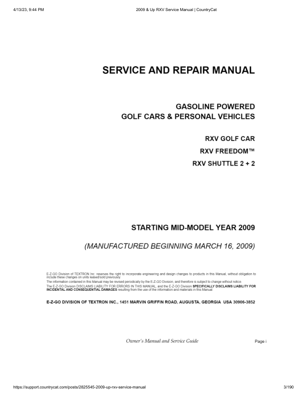 EZGO RXV Golf Car Rxv Freedom Rxv Shuttle 2+2 Service Manual PDF | 2009-2013