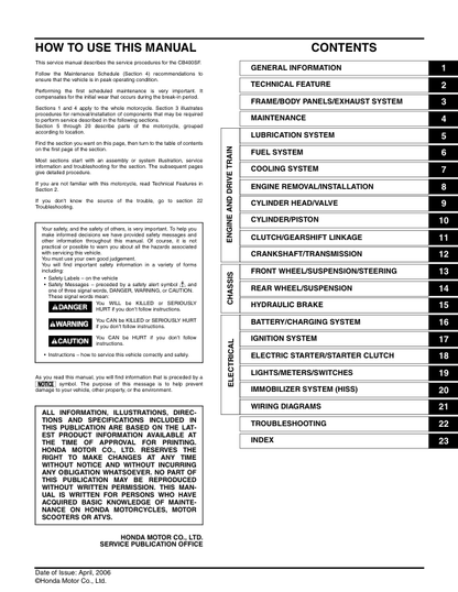 Manual de servicio de la motocicleta Honda CB400 Super Four | 2002–2007