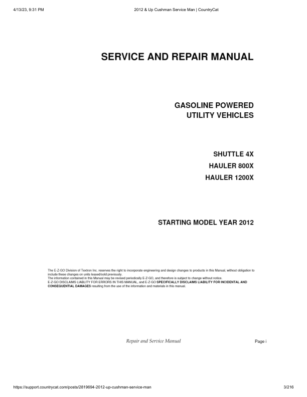 Manuel d’entretien PDF de la voiturette de golf EZGO Shuttle 4X Hauler 800X 1200X | 2012-2014